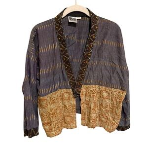 Boho 100% Cotton Patchwork Kimono Jacket - Purple & Tan - Made in India